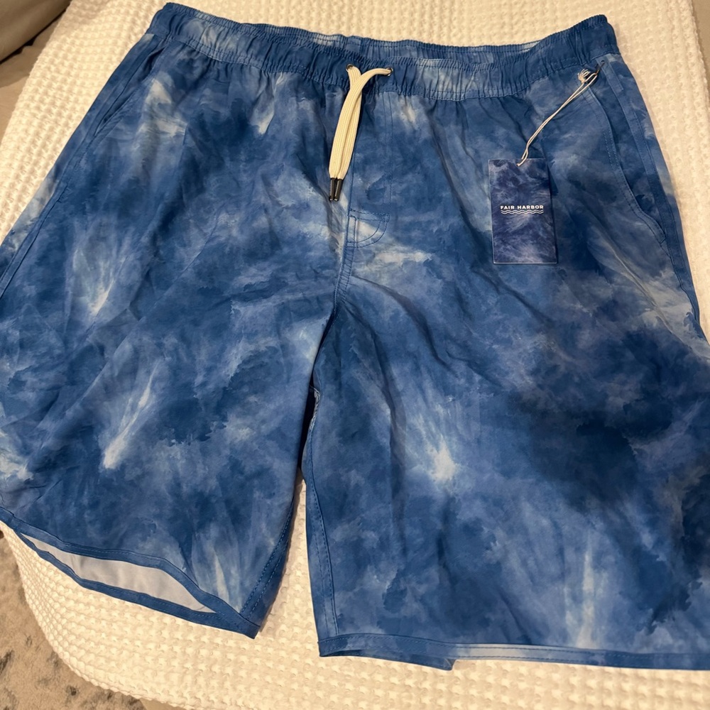 Fair Harbor Blue Board Shorts with Artistic Tie-Dye